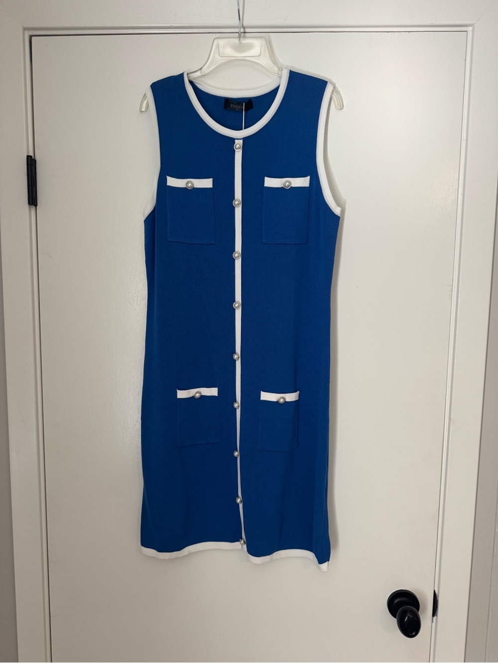 Sleeveless Blue Knit Midi Dress with White Trim and Button Front